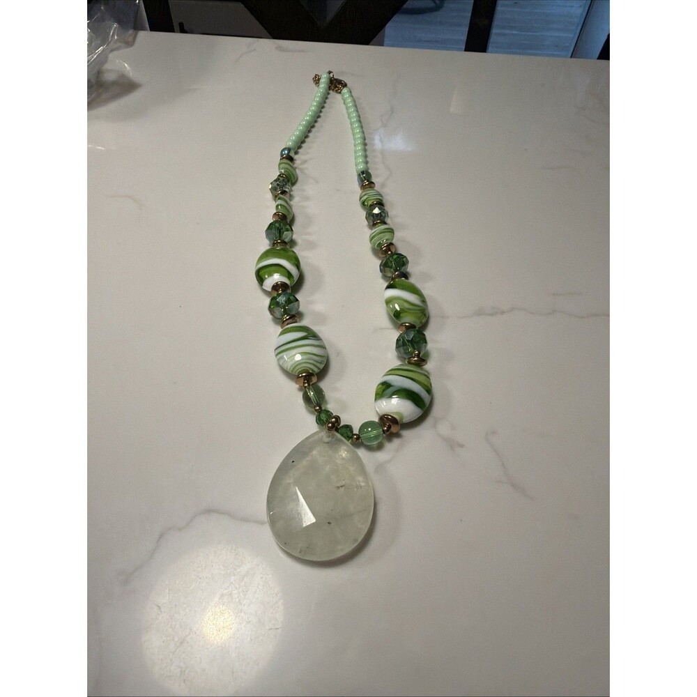 Green  And White Glass Beaded With Glass Pendant 28” Necklace